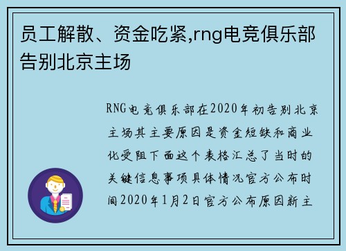 员工解散、资金吃紧,rng电竞俱乐部告别北京主场